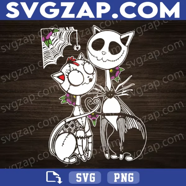 Jack and Sally Cat Halloween SVG - Nightmare Love Cat Clipart - SVG PNG DXF EPS Digital File for Cricut & Sublimation