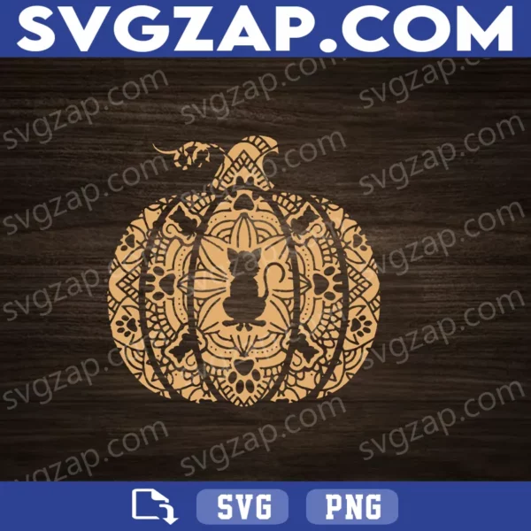 Pumpkin Cat Mandala Halloween SVG - Black Cat & Pumpkin Design - Digital Download for Cricut & Silhouette - PNG, DXF, EPS, AI